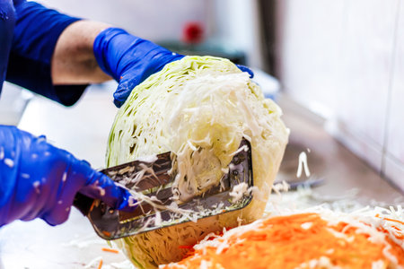 hands in blue gloves cutting cabbage with special cabbage shredder knifeの写真素材