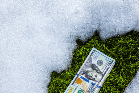 Stack of dollar banknotes on the snow near thawed green grass patchの写真素材