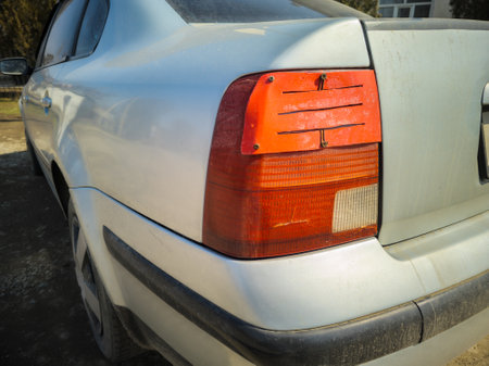 old car stop light fixed with sheet metalの写真素材