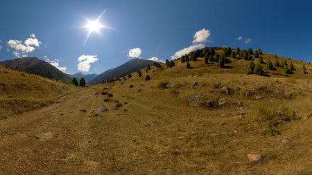 Expansive Mountain Valley with Dry Grass and Junipersの写真素材