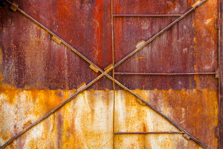 Close-up of a heavily rusted metal door featuring diagonal and horizontal bracing elements. The rust...