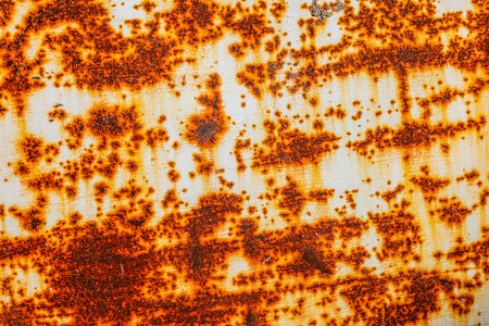 rusty flat sheet steel with peeling white paint - closeup full-frame background and texture