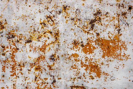 rusty flat sheet steel with peeling white paint - closeup full-frame background and texture