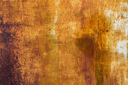 Extensive rust on a metal surface with vertical white paint leftovers and dark corrosion spots