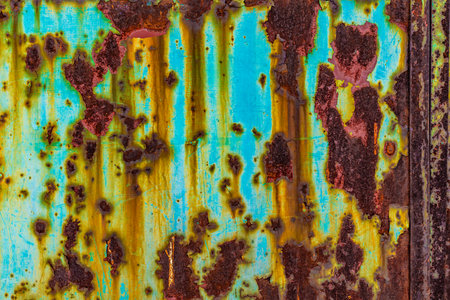 Extreme close-up of a turquoise metal surface with extensive rust formation and streaks down from...