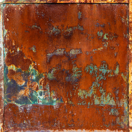 Rusty metal surface panel with frame and peeling green paint showing corrosion patternの写真素材