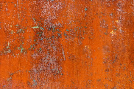 Texture of Rusty orange metal surface with remnants of blue paint, showing signs of corrosion and...
