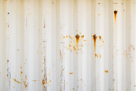 Aged White Corrugated Metal Sheet Texture with Rust Spots and Streaksの写真素材