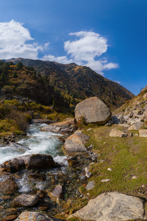 A clear mountain stream with small rapids flows through a valley filled with rocks and patches of grass and low shrubs.の写真素材