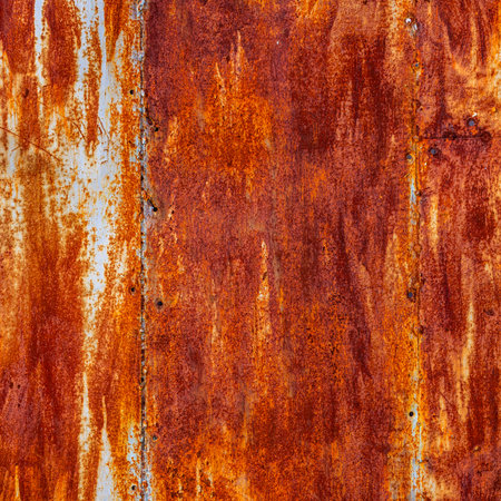 Close-up of rusty metal showing intricate corrosion patterns. Outdoors setting highlights weathered...