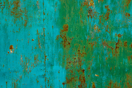 Rusty metal surface displays significant corrosion and peeling green paint in an industrial outdoor...