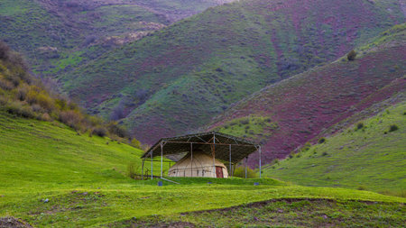 Yurt under metal shelter in serene hilly landscapeの写真素材