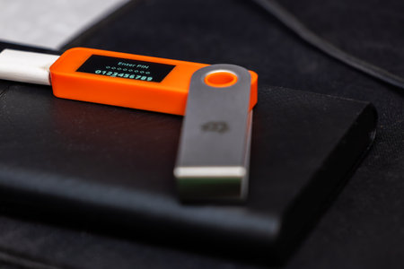 Hardware Bitcoin wallet with message Enter PINの写真素材