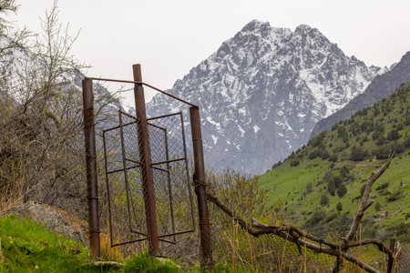 Rusty chain link fence with rotating wicket in mountains of Kyrgyzstanの写真素材