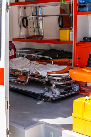 Medical equipment inside emergency vehicle during daytimeの写真素材