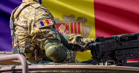 Andorra flag with soldier at machinegun turretの写真素材