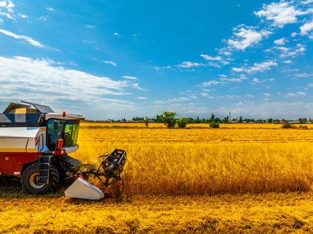 Combine harvester working in serene rural field during daytimeの写真素材