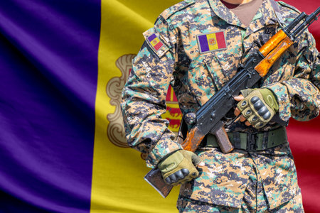 Andorra flag with soldier holding rifleの写真素材