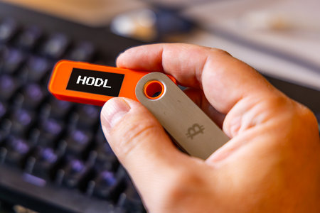 hardware Bitcoin wallet in a hand with message Hodl on screen