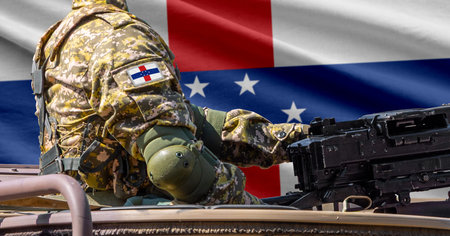Netherlands Antilles flag with soldier at machinegun turret