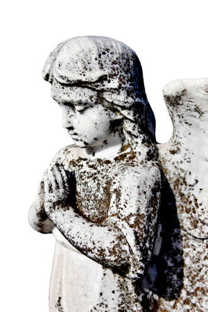 Angel pray statue on tombstone , cemetery graveyard Isolated white の写真素材
