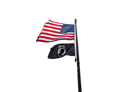 American and POW flags flying on display with a white background.