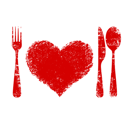A heart health concept - red heart plate, knife, spoon and forkのイラスト素材