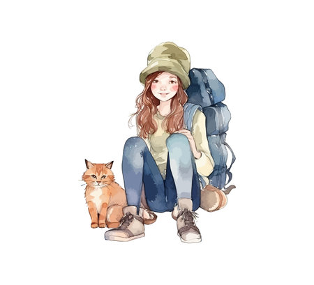 Traveler girl with a cat. Vector illustration design.のイラスト素材