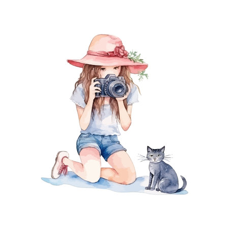 Cute girl traveler with a kitten taking pictures. Vector illustration design.のイラスト素材