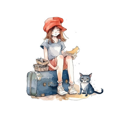 Traveler girl with a cat. Vector illustration design.のイラスト素材