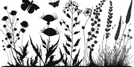Black silhouettes grass flowers, herbs, butterfly illustration vector flat.のイラスト素材
