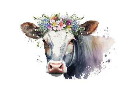 Cow portrait with flowers on head hand drawn watercolor. Vector illustration design.のイラスト素材