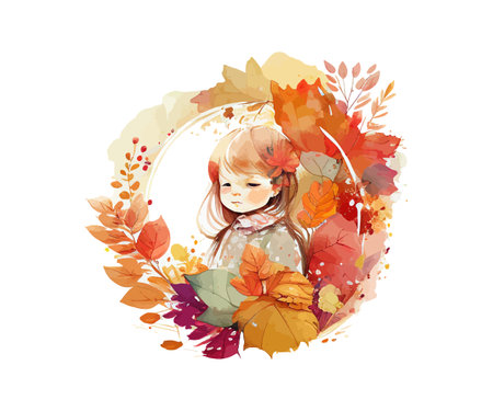 Watercolor little girl and autumn floral. Vector illustration design.のイラスト素材
