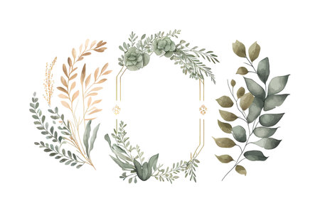 Floral watercolor logo elements. Wreath borders. Vector illustration design.のイラスト素材