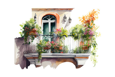 Summer balcony watercolor. Vector illustration design.のイラスト素材