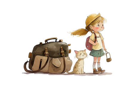 Traveler girl with a cat. Vector illustration design.のイラスト素材
