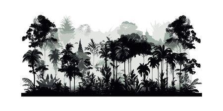 Tropical trees and leaves wallpaper design in foggy. Vector illustration design.のイラスト素材