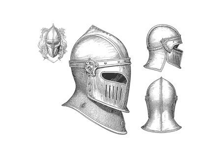 Knight helmet sketch hand drawn in engraving style. Vector illustration design.のイラスト素材
