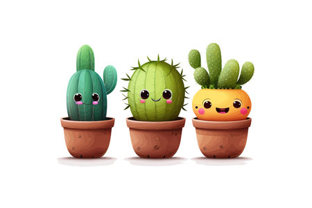 Set three cactus in cartoon pot isolated on a white. Vector illustration design.のイラスト素材