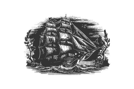Pirate ship sailboat retro sketch hand drawn engraving. Vector illustration design.のイラスト素材