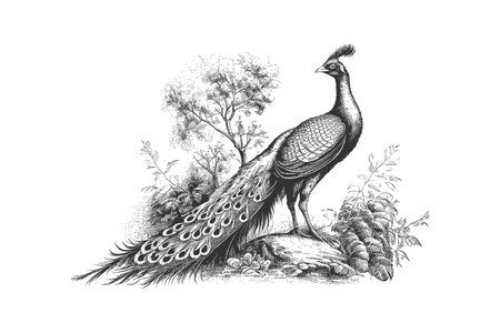 Peacock sketch hand drawn in engraving style. Vector illustration design.のイラスト素材