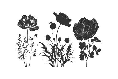 Three black silhouettes of flowers. Vector illustration design.のイラスト素材
