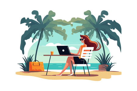 Young business lady working remotely on a laptop. Vector illustration design.のイラスト素材