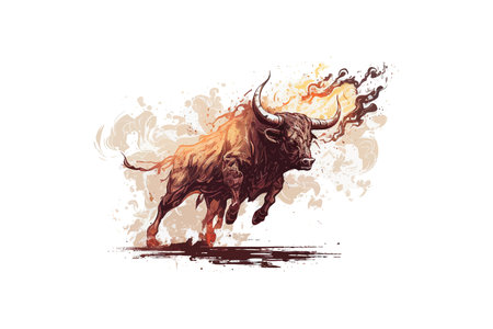 Angry bull running in fire hand drawn sketch. Vector illustration design.のイラスト素材