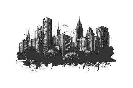 City silhouette sketch and drawn engraved style. Vector illustration design.のイラスト素材