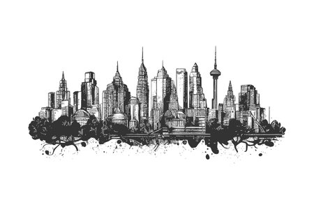City silhouette sketch and drawn engraved style. Vector illustration design.のイラスト素材
