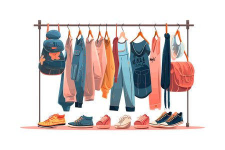 Different denim clothes and shoes hanging on rack. Vector illustration design.のイラスト素材