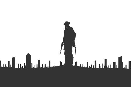 Crying soldier. on war cemetery. Black silhouette. Vector illustration design.のイラスト素材