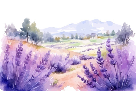 Summer landscape of blooming lavender flowers fields. Vector illustration design.のイラスト素材
