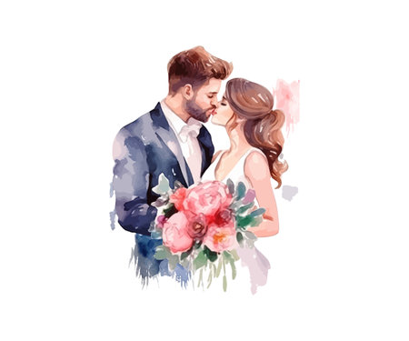 Wedding couple married with flowers watercolor. Vector illustration design.のイラスト素材